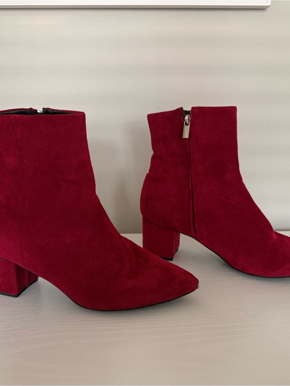 Women's Red Suede Block Heel Ankle Boots